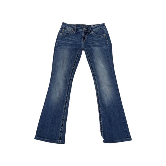 Miss Me Signature Bootcut Jeans Womens 27 Denim Leather Patch Pocket Pants Blue - Picture 2 of 6